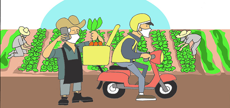  Ilustração mostra, em primeiro plano, um produtor agrícola com celular na mão, enquanto coloca cenouras no baú de uma motocicleta. Na direção da moto, está o entregador, usando roupa cinza, colete e capacete amarelos. Ao fundo, duas pessoas trabalham em plantação de verduras.